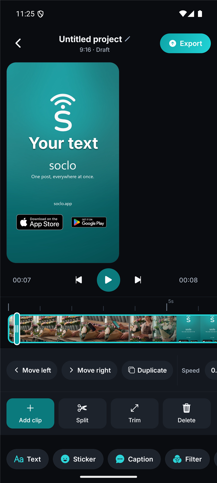 Soclo's built-in editor: trim, caption and brand your video
