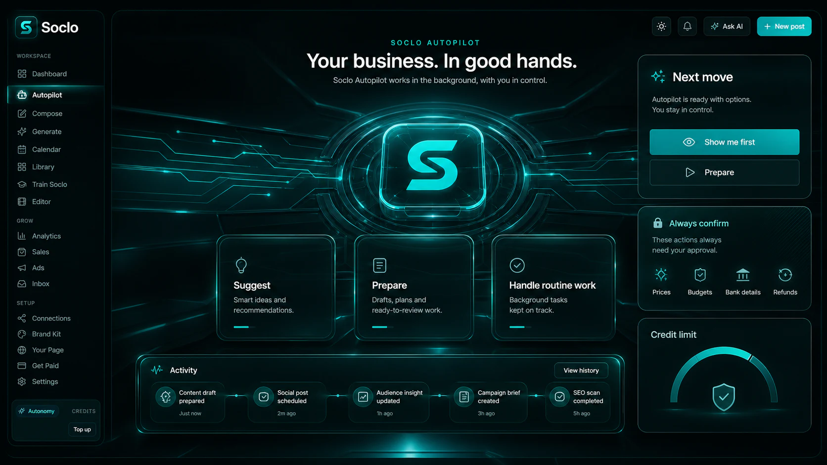 Illustrative Soclo Autopilot workspace showing suggested, prepared and approved routine work