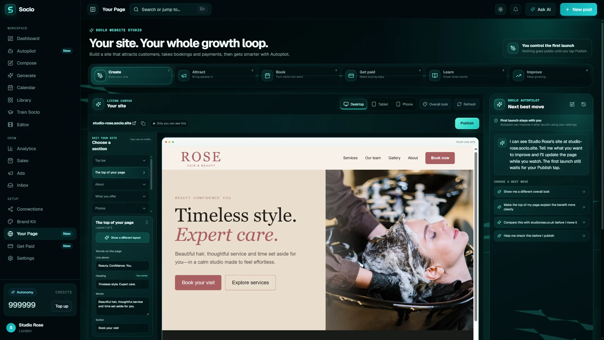 Soclo Website Studio with a real customer website canvas and Autopilot suggestions
